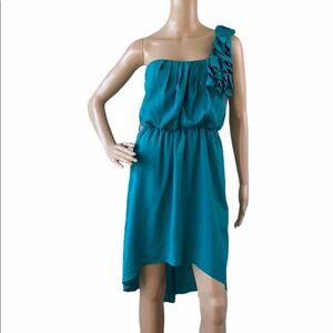 NWT Jodi Kristopher Teal Ruffle One Shoulder High-Low Party Dress Size S